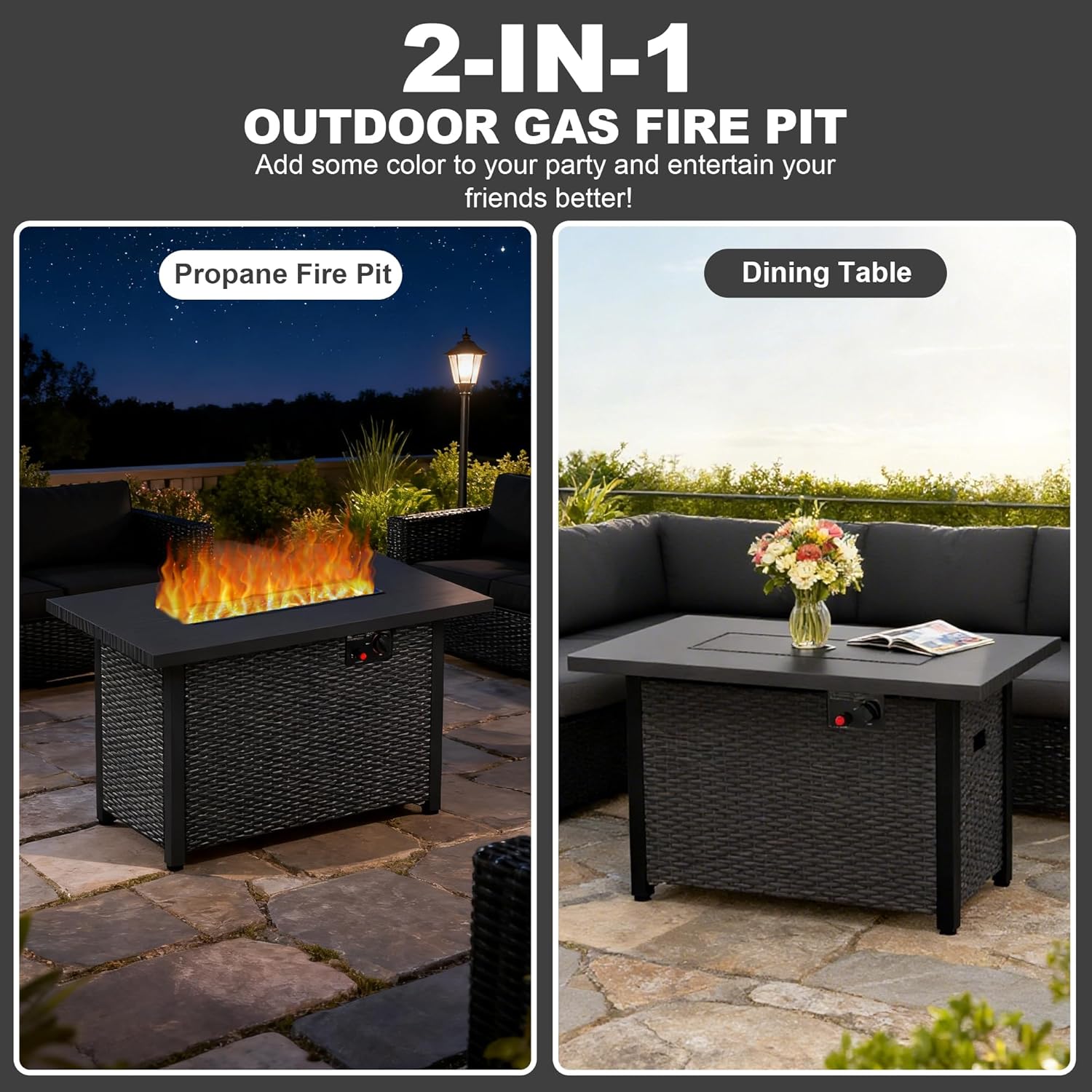 42” Fire Pit Table 50,000 BTU Propane Pit Metal Tabletop Auto-Ignition Gas Fire Pit for Outside Outdoor Rattan Rectangular Fire Pit Garden Patio
