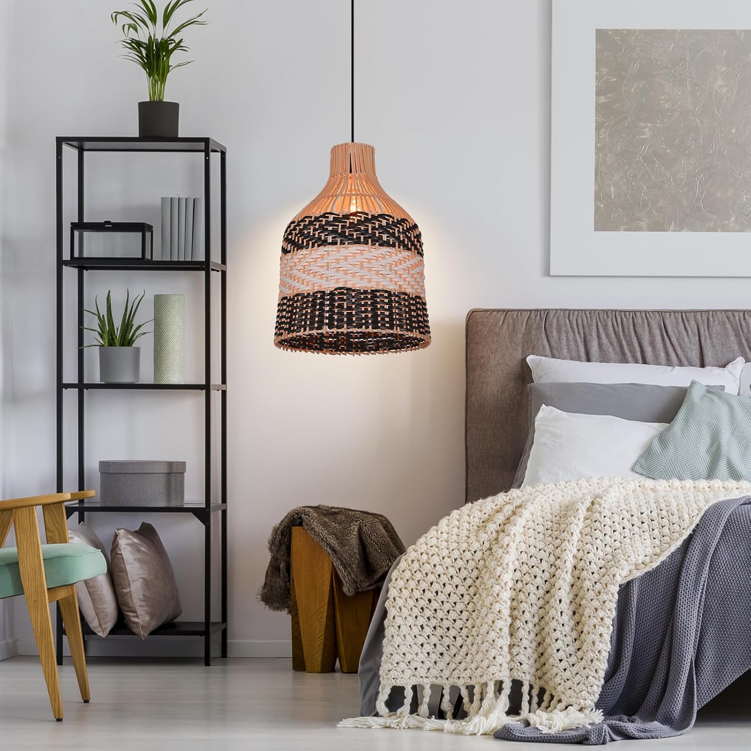 1 Light Hand Woven Rattan Hanging Ceiling Light Fixture, Pendant Lighting Lamp, Farmhouse Chandelier for Living Room, 25cm*35cm