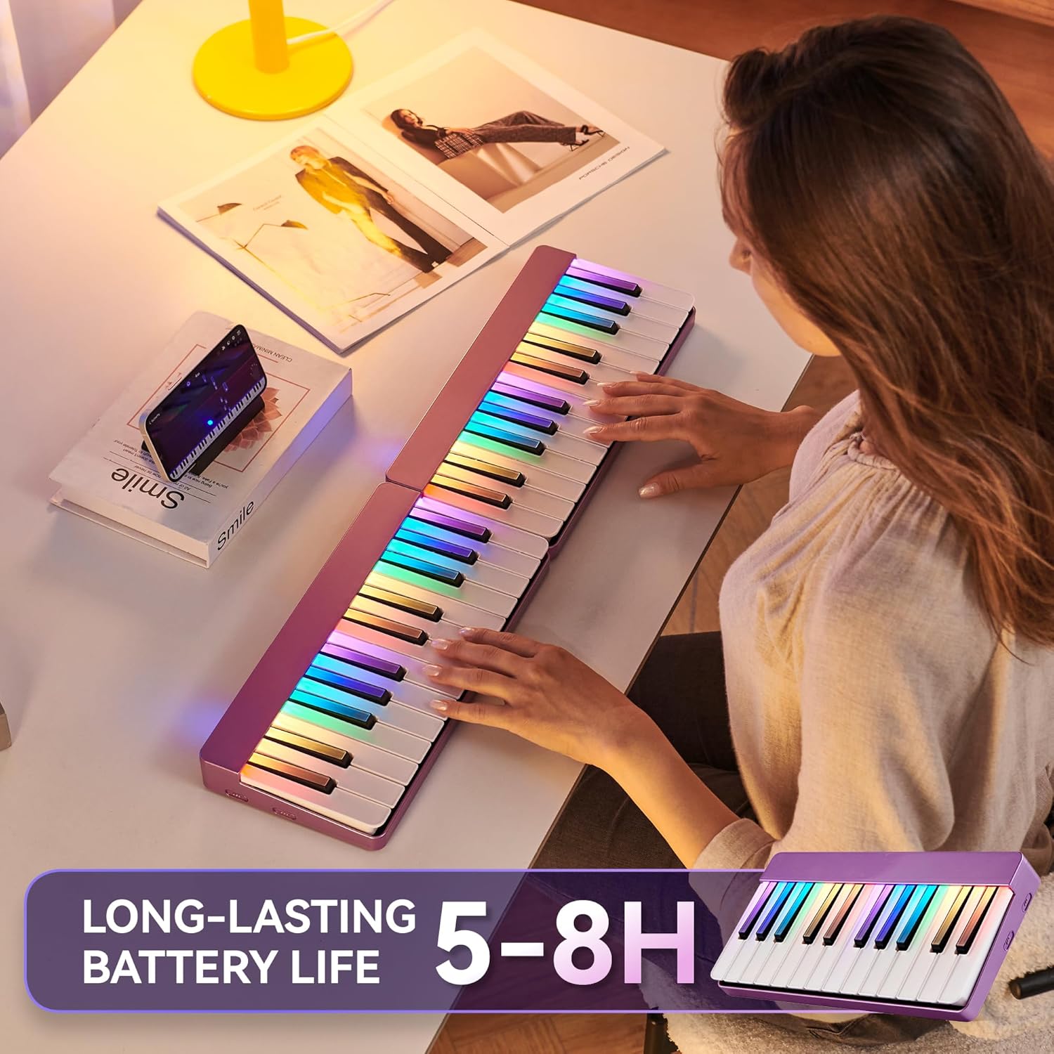 Smart Piano Keyboard with Built-in LED Light and Free App, 24-Key Smart Piano for Beginners, Portable travel piano Keyboard,Mini Piano Keyboard, MIDI Supported, Birthday or Holiday Gift(Purple)