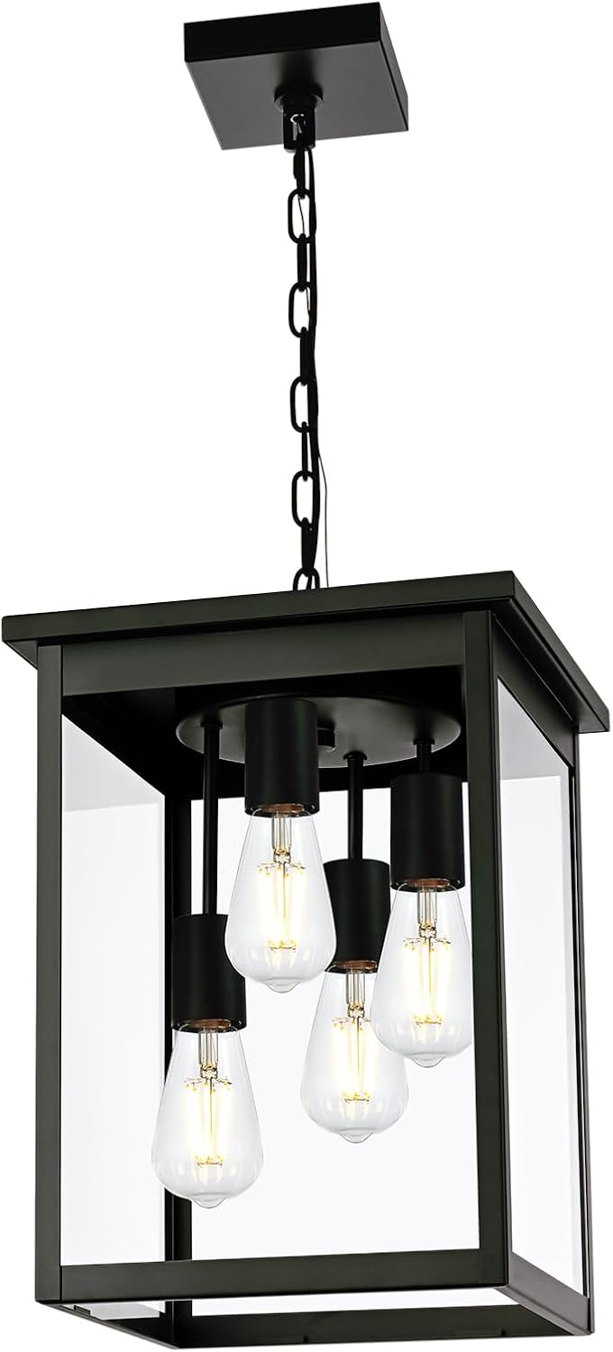 16.7'' Outdoor Pendant Lights for Porch, 4-Lights Black Exterior Pendant Light with Clear Glass, Outdoor Porch Light Ceiling Mount Outdoor Hanging Light Fixture for Gazebo, Patio, Entryway