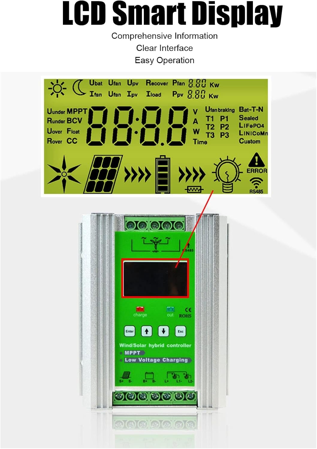 400W Wind Solar Hybrid Charge Controller 12V/24V MPPT Boost Charge Regulator with LCD Display and Free Dump Load Accurate (400W Wind / 400W Solar)