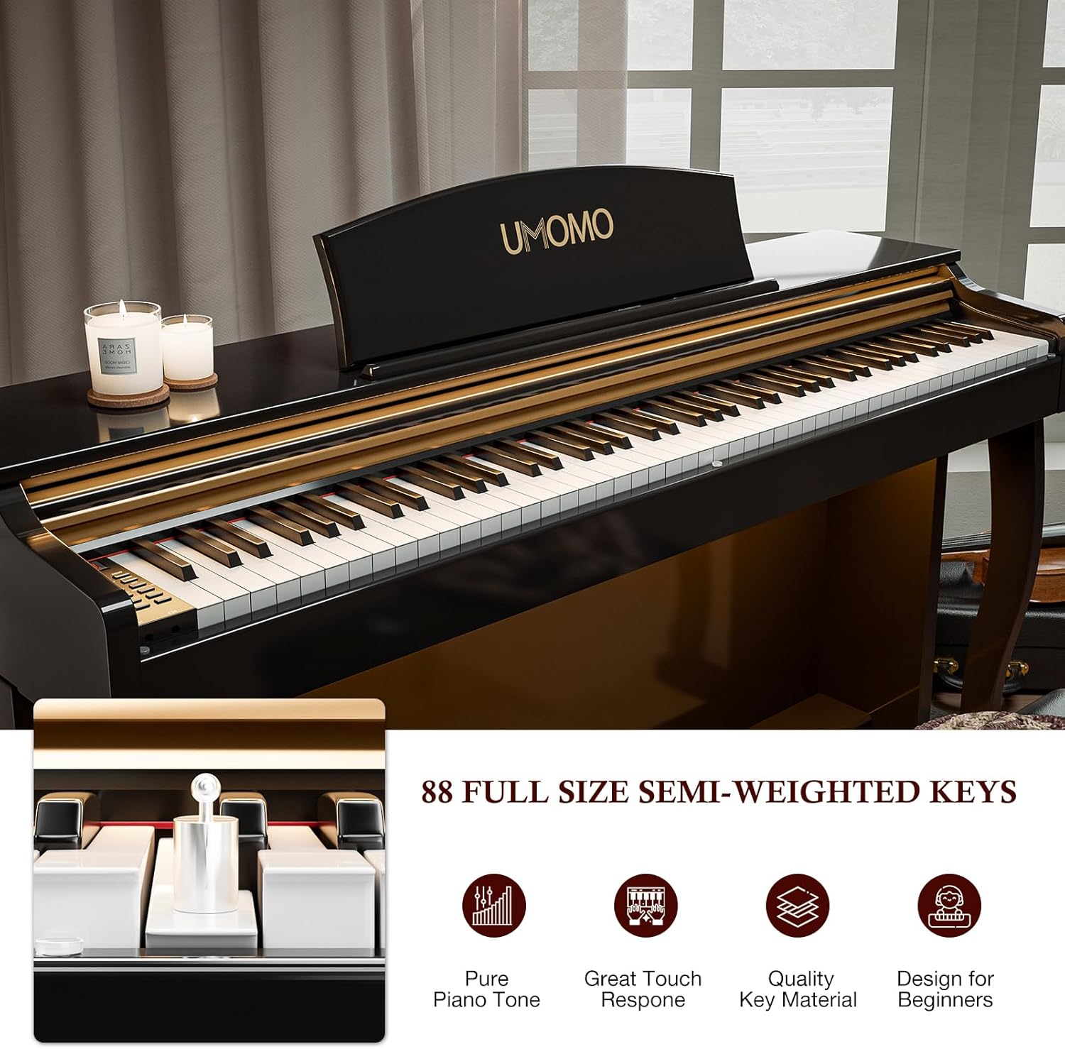 UMOMO U-732 88 Weighted Key Digital Piano with Adjustable Light, Hammer Action Electric Piano with Piano Stand, Full Size Electronic Piano Keyboard for Beginner, Adults, Glossy Black