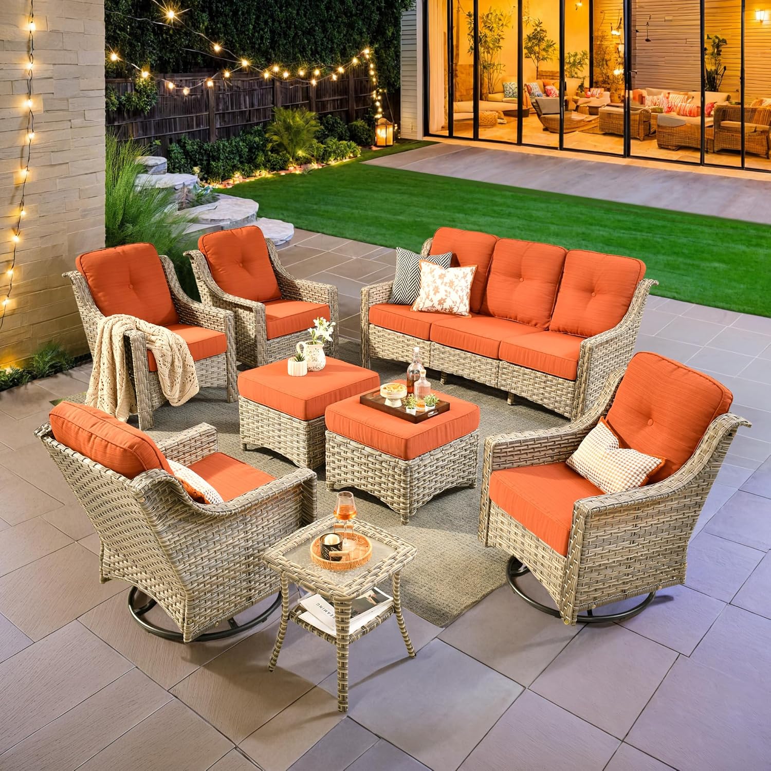 Outdoor 8 Pieces Coversation Set with Swivel Rocking Chair, Patio Furniture High Back Couch with Ottoman, Rattan Wicker 3-Seater Sofa for Porch Balcony Backyard,Orange
