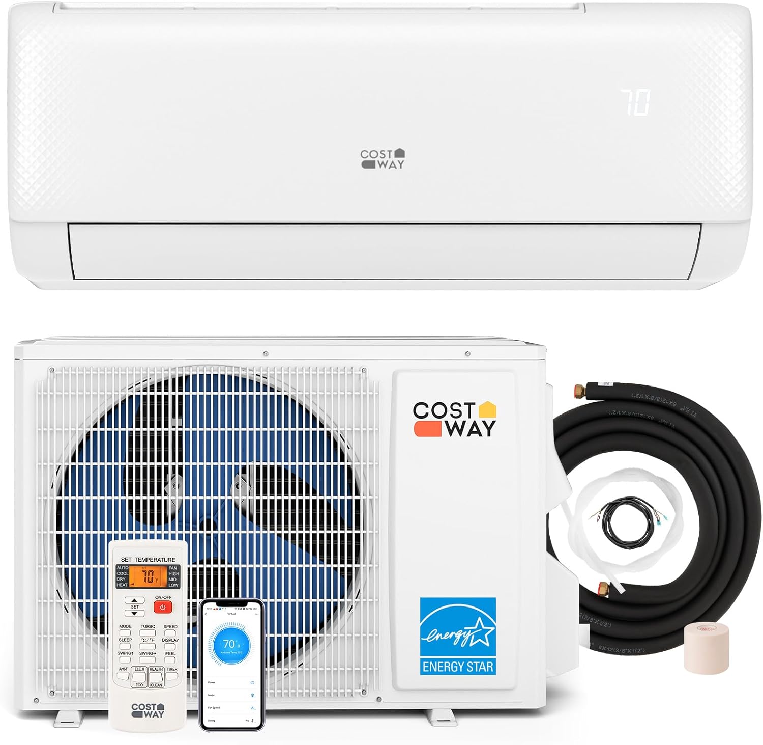 COSTWAY 24000 BTU Mini Split Air Conditioner, Energy Star, with Remote, Compatible with Alexa, Googlehome, Heat Pump, 21 SEER2 Inverter, 24H Timer, for Rooms up to 1500 Sq.Ft (Airtural Series)