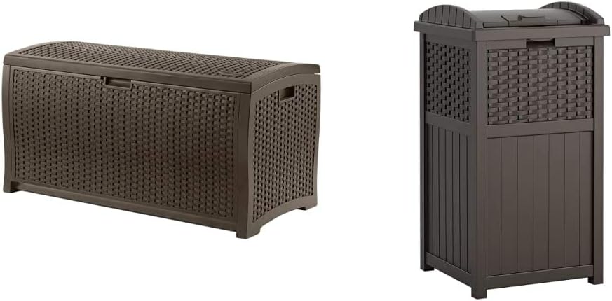 Suncast 73-Gallon Medium Deck Box and 33 Gallon Hideaway Can Resin Outdoor Trash