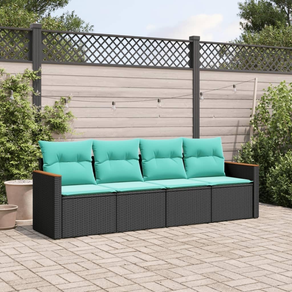 4-Piece Modular Garden Sofa Set, Black Synthetic Poly Rattan Outdoor Furniture with Blue Cushions, Rectangular Patio Seating for Balcony, Terrace