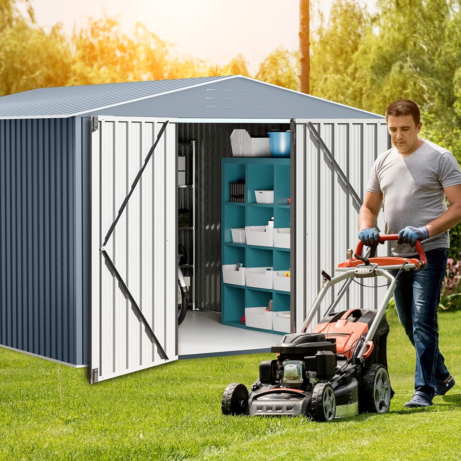 8x12 FT Outdoor Metal Storage Shed, Metal Tool Sheds with Sturdy Frame Structure, Large Garden Storage Shed with Lockable Door for Garden, Lawn, Backyard, Grey