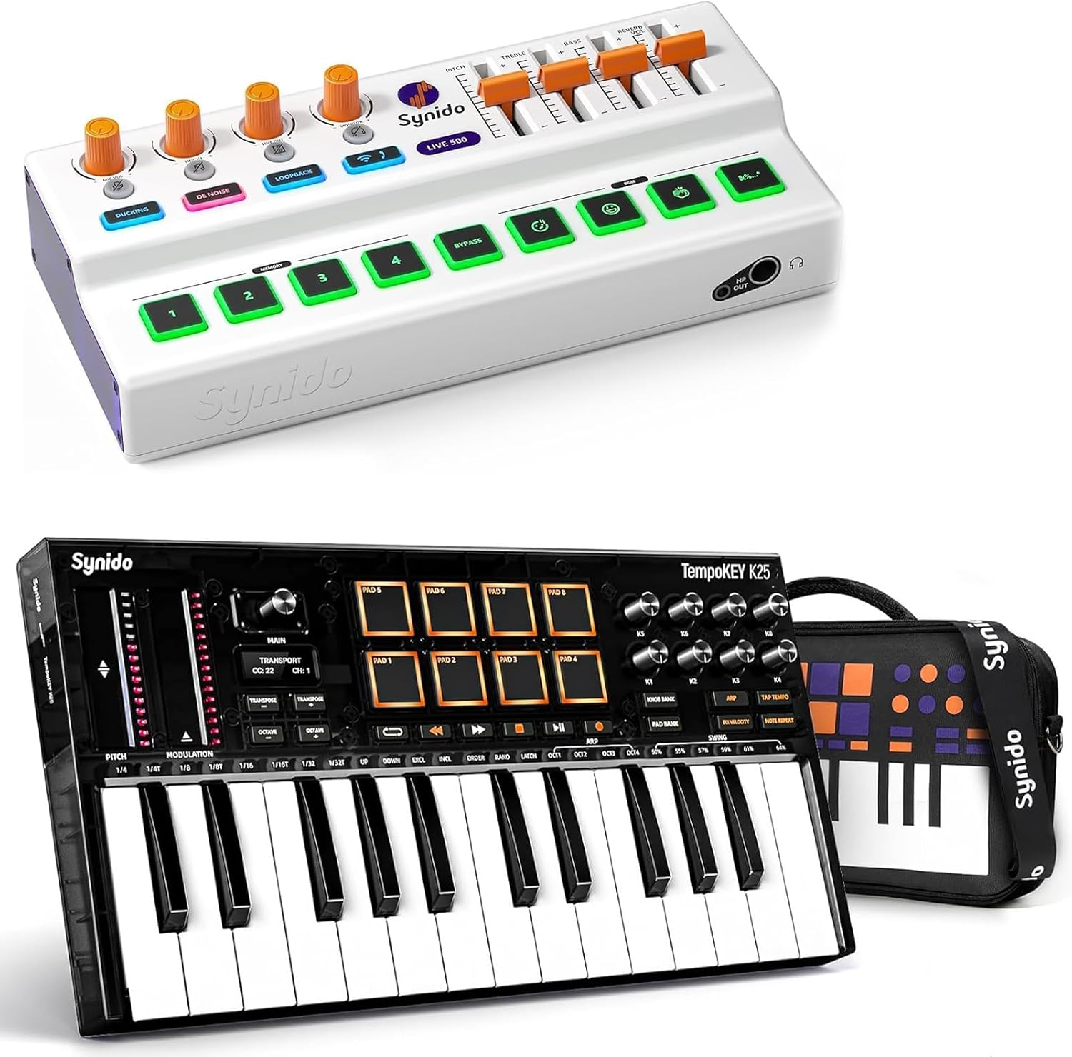 Synido Wireless Audio Interface Live Sound Card and 25 Key USB MIDI Keyboard Controller with 8 Drum Pads