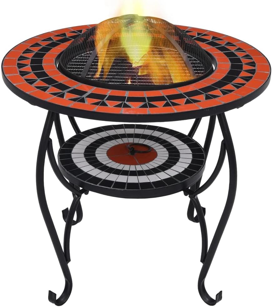 Mosaic Fire Pit Table, Outdoor Fire Pit & Ice Bucket & Side Table, Round Tile Tabletop for Patio, Backyard, Patio, Garden, Terracotta and White 26.8