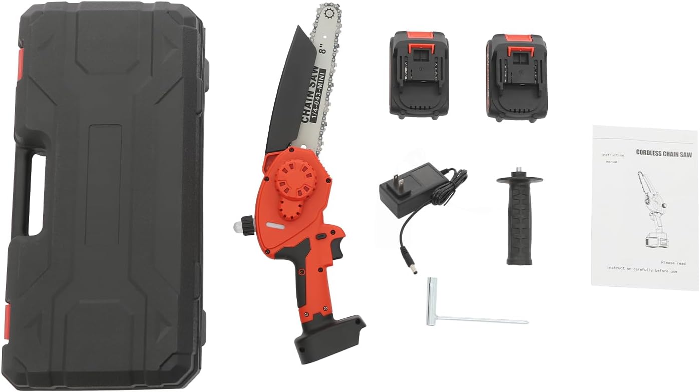 Mini Chainsaw Portable 8 Inch Chain Saw 800W Electric Battery Powered Chainsaw with Handle Small Chain Saw for Courtyard Garden Tree Branch Wood Cutting, Black & Red