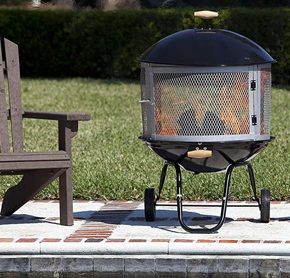 Campfire Patio Fire Pit, Outdoor Fire Pit, Backyard Fire Pit, Wood-Burning Portable Pulley Steel Outdoor Brazier with Screen Cover 44.8 Inches