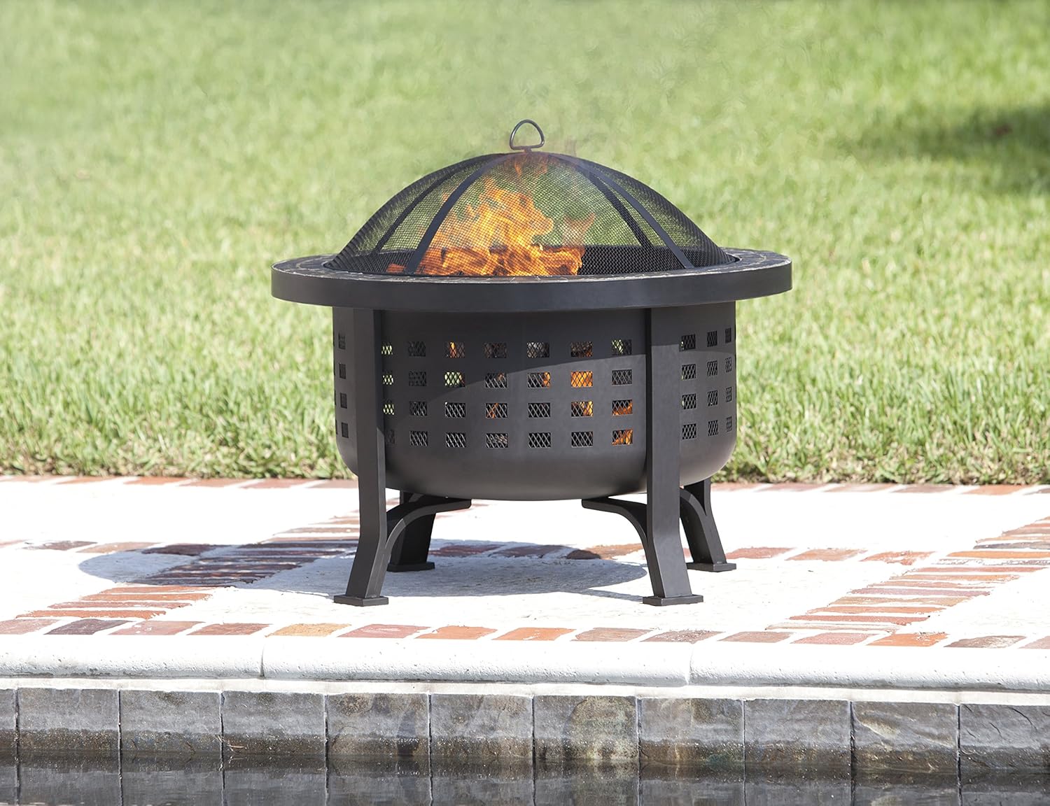 Fire Sense 62240 Fire Pit Alpina Slate Top Wood Burning Lightweight Portable Outdoor Firepit Backyard Fireplace for Camping Bonfire Included Screen Lift Tool & Cooking Grate - Round - 24