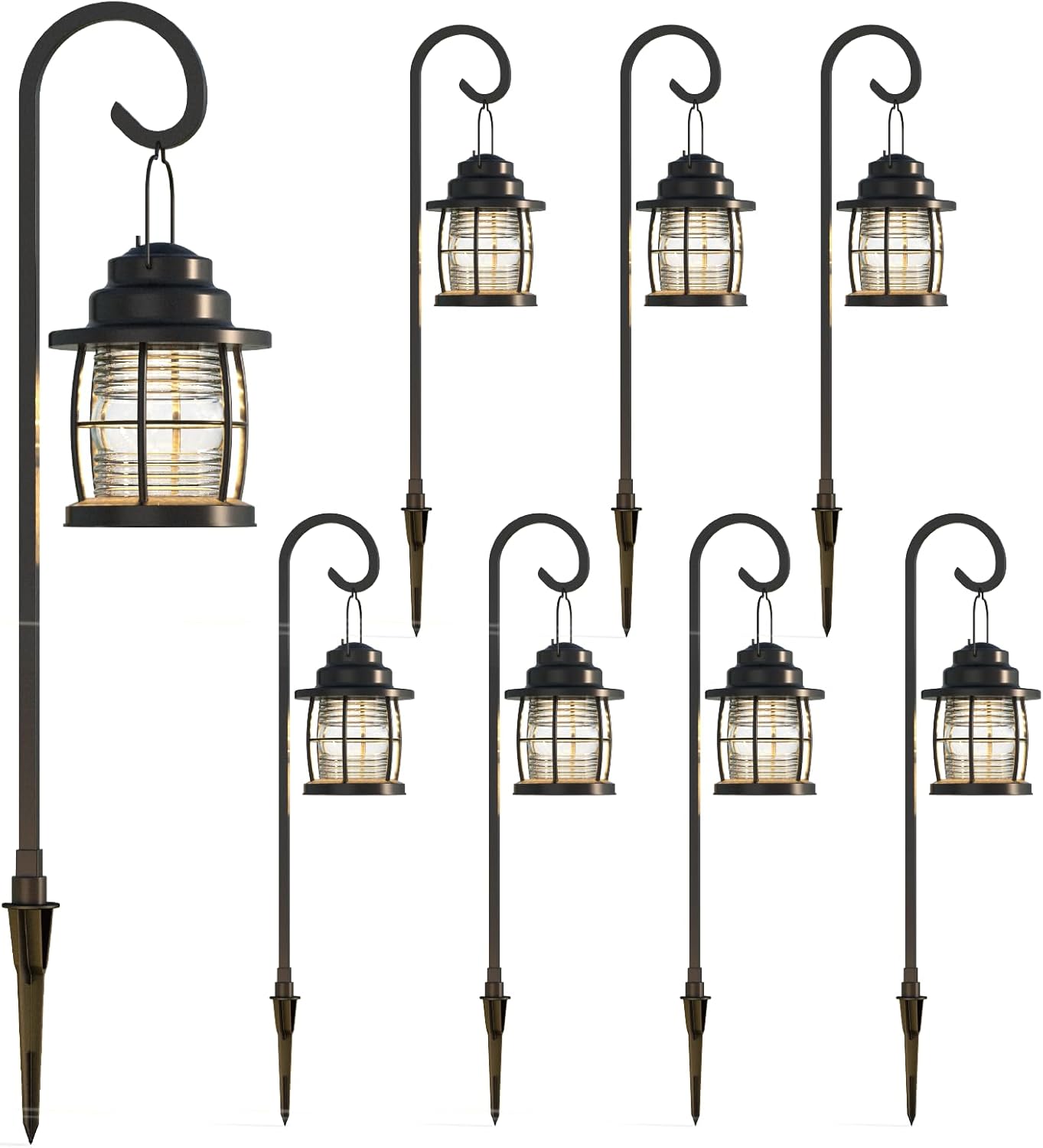 GOODSMANN Landscape Lighting Kits 8PK 12V AC Low Voltage Outdoor Hanging Path Lights 1.1W LED 32 Lumen 2900K Warm White Metal Dual Use Shepherd Hook Pathway & Sidewalk Lights Wired Cable Connectors