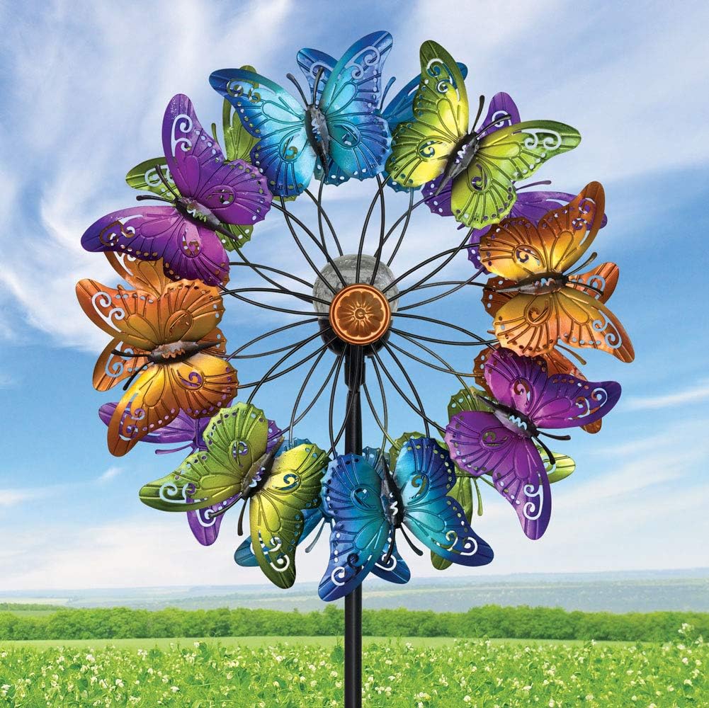 Bits and Pieces - LED Butterfly Solar Wind Spinner-Solar Powered Glass Ball Emits Color-Changing Light - Made of Metal and Steel