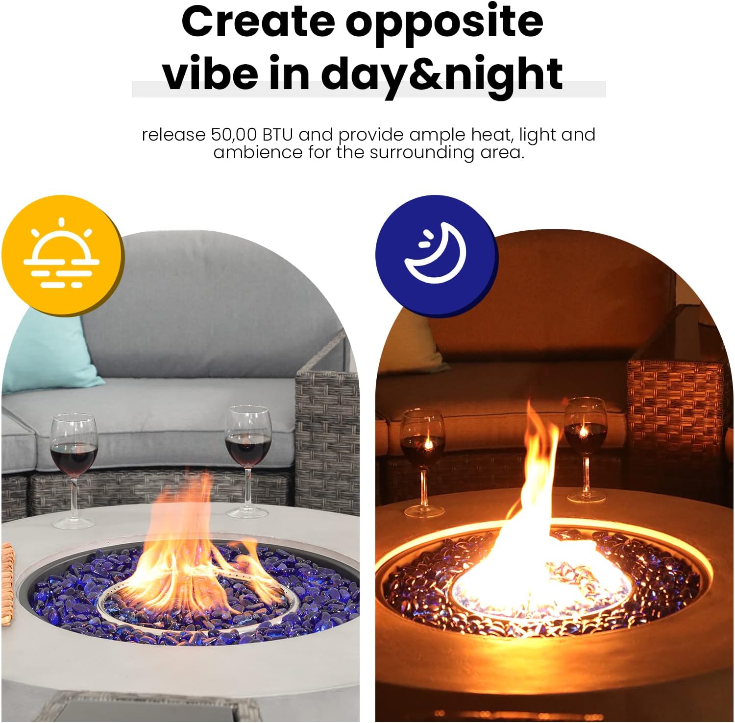 SUNSITT Outdoor 36’’ Propane Fire Pit Table 50,000 BTU Round Patio Propane Firepit Table, Pit Cover, Metal Lid & Fire Glass, Grey Finish