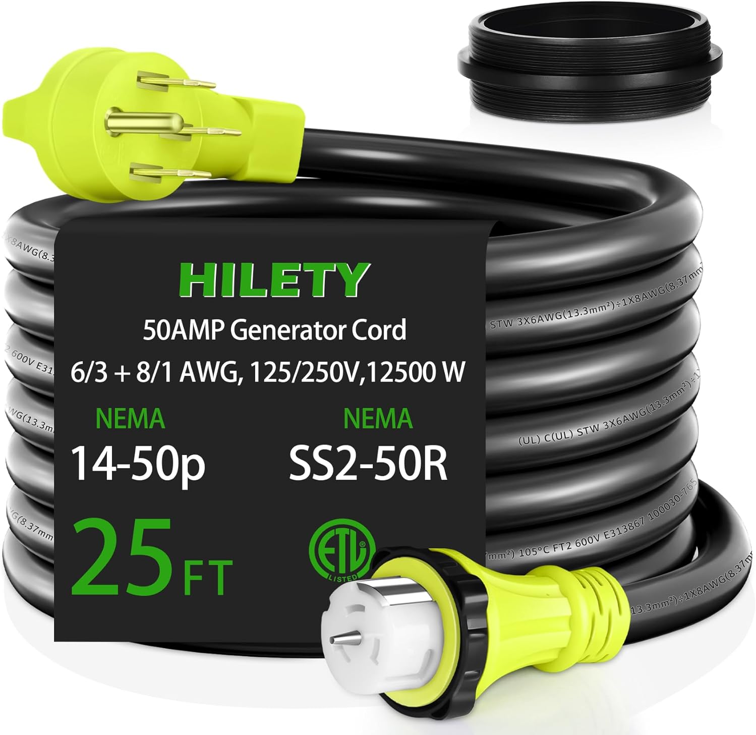 25FT 50 Amp Generator Power Cord,25FT 50 Amp RV Extension Cord, 50 Amp125V/250V 12500W Twist Lock 4 Prong NEMA 14-50P/SS2-50R,6/3+8/1 AWG STW Wire for RV,Camper, House