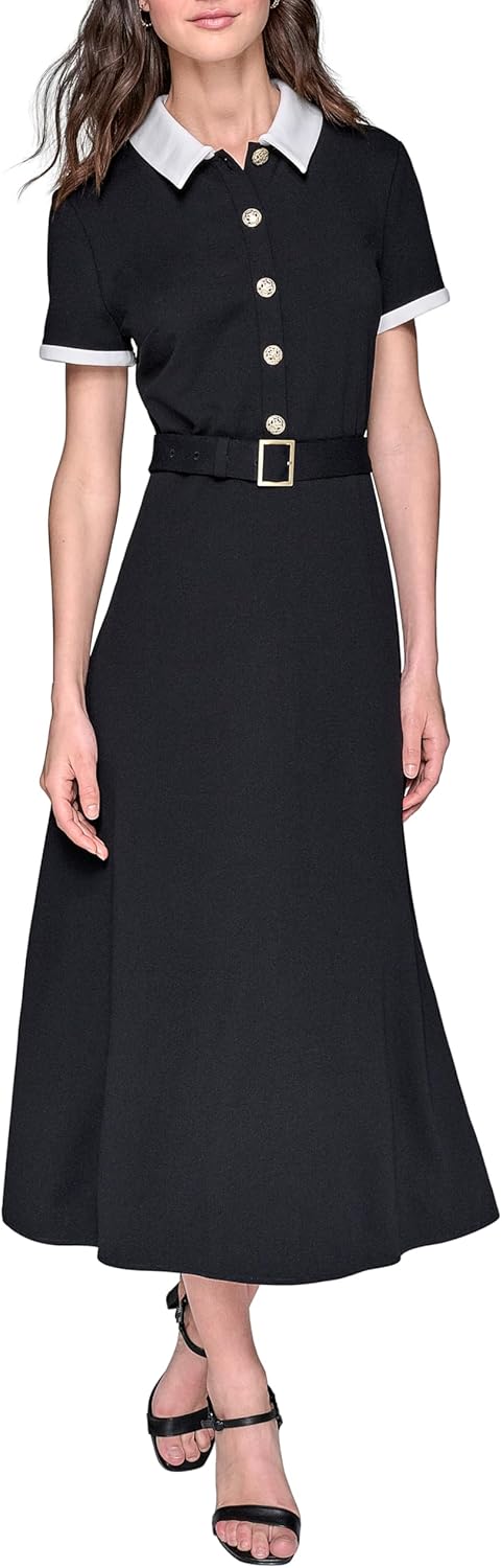 Karl Lagerfeld Womens Contrast Collar and Sleeve Trim Midi Dress