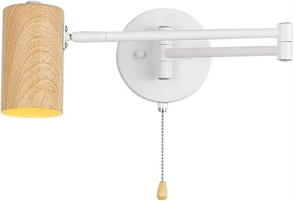 White Wood Farmhouse Swing Arm Wall Sconce, Hard Wired Black Mid Century Adjustable Wall Mount Reading Light with Pull Chain, Industrial Headboard Lamp for Bed, Bedroom, and Bedside(Pewter)