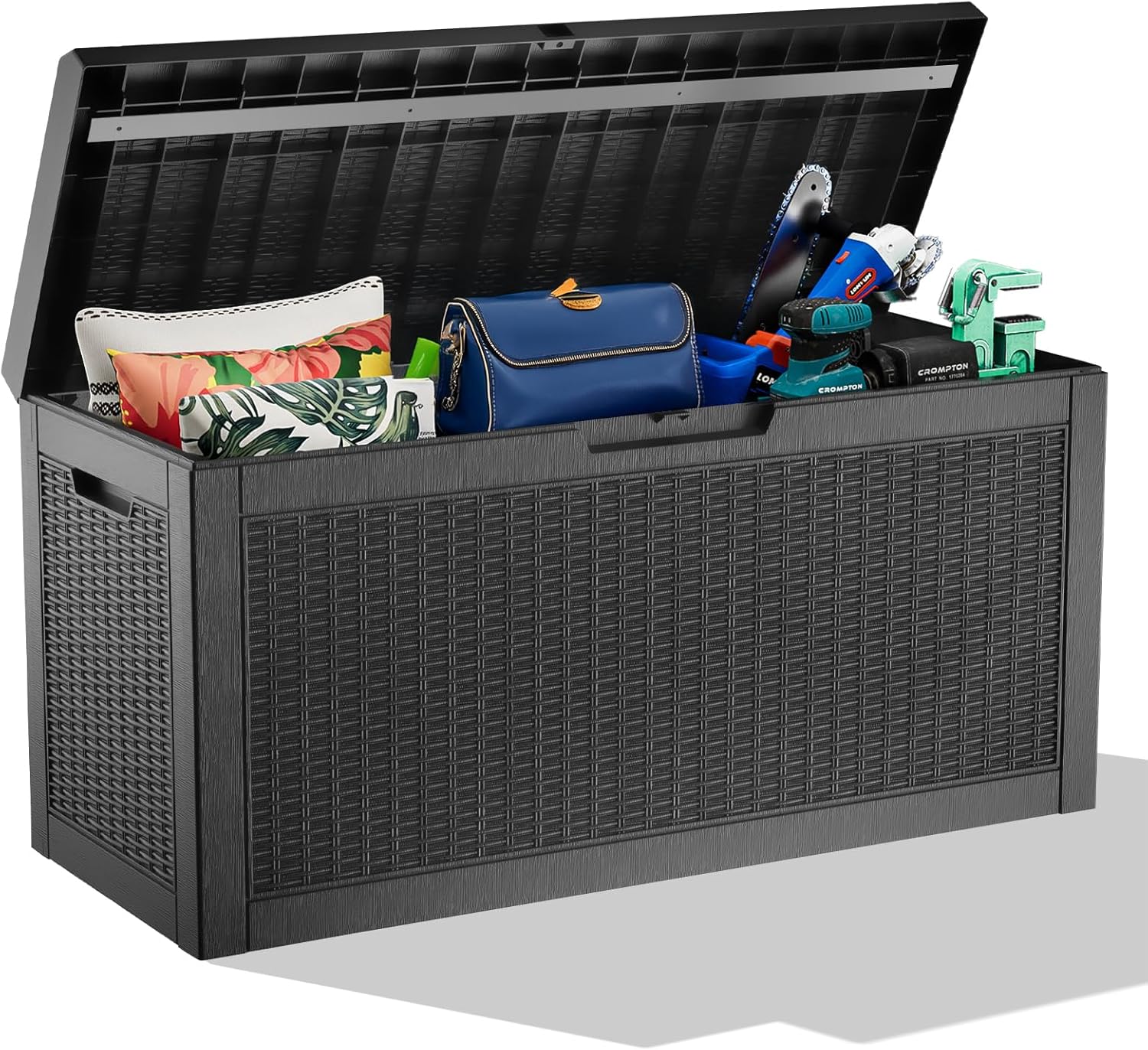 Resin Deck Box, Lockable Patio Outdoor Storage Box for Furniture, Garden Tools and Tools Storage, Waterproof Outside Storage Boxes (Black, 60 Gallon)