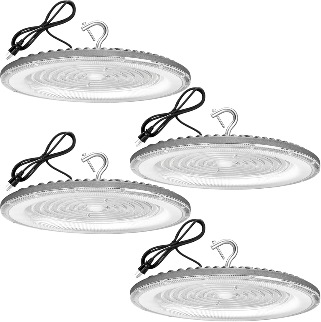 4 Pack 300W UFO Led High Bay Light,120VAC,5000K Daylight Commercial Bay Lighting,IP66 Waterproof,45050LM,1300W MH/HPS with Plug Area Lighting for Warehouse/Shop/Workshop/Barn/Gym/Factory