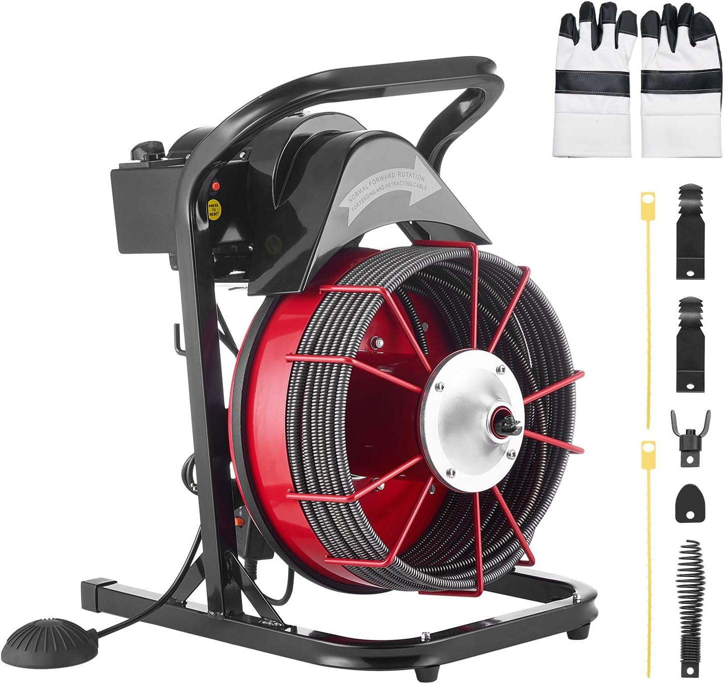 VEVOR Drain Cleaner Machine 75 FT x 1/2 Inch, Sewer Snake Auger Manual Feed with 4 Cutters & Air-activated Foot Switch for 2