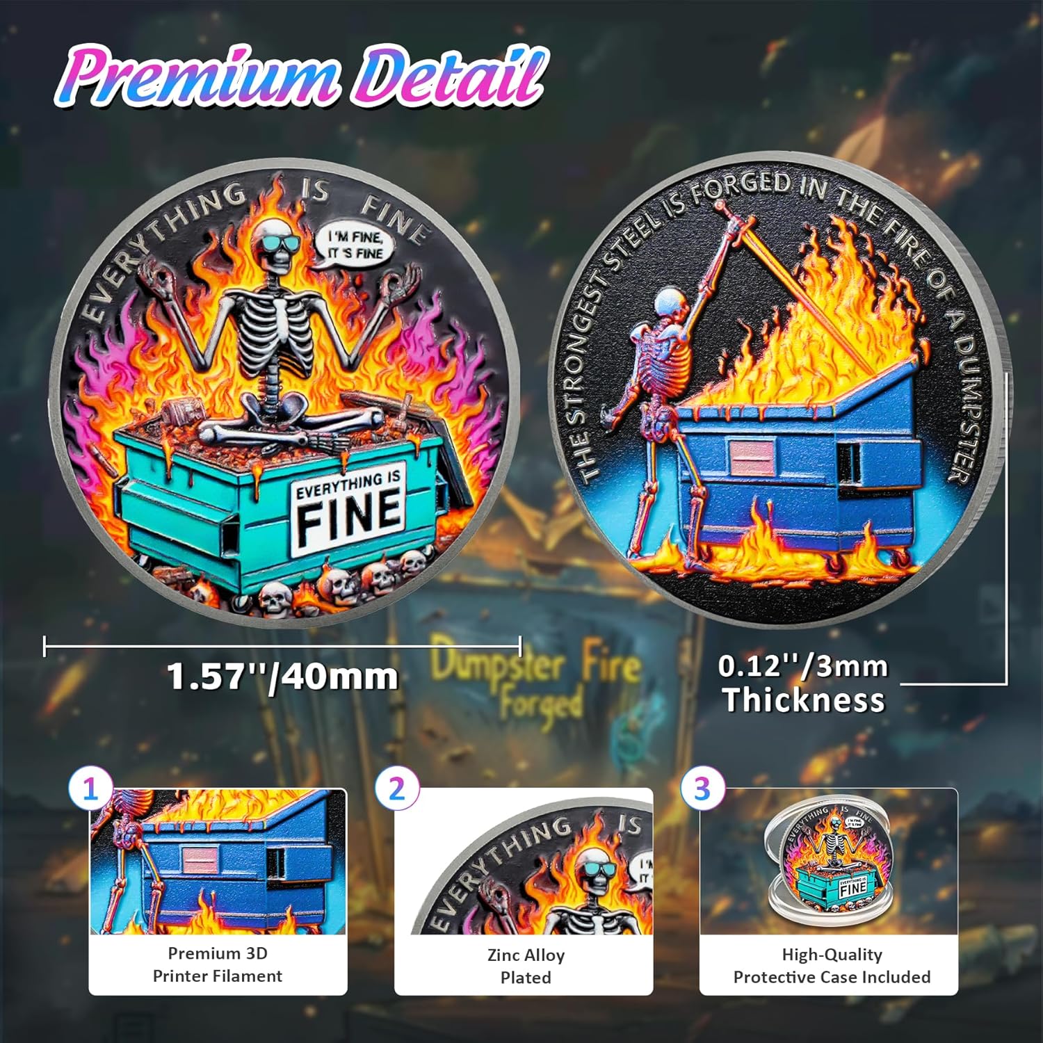 10pcs Colorful Skull Dumpster Fire Challenge Coin - The Strongest Steel is Forged Dumpster Fire Coin - Funny Desk Accessories for Work - Hilarious Coworker Go Away Token - Inspirational Gifts for All