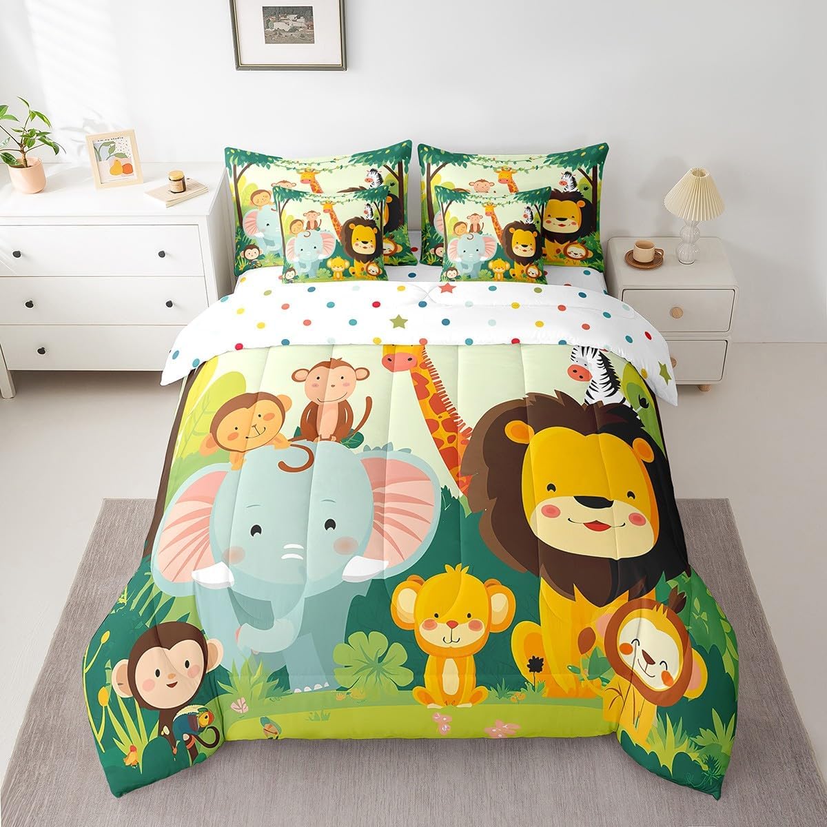 Erosebridal Cartoon Zoo Twin Comforter Set 7-Piece, Animals Cute Theme Bedding Accessories, Elephant Kawaii Giraffe Bed in a Bag, Green Safari Monkey Bed Sheets Set for Kids Adults Teens