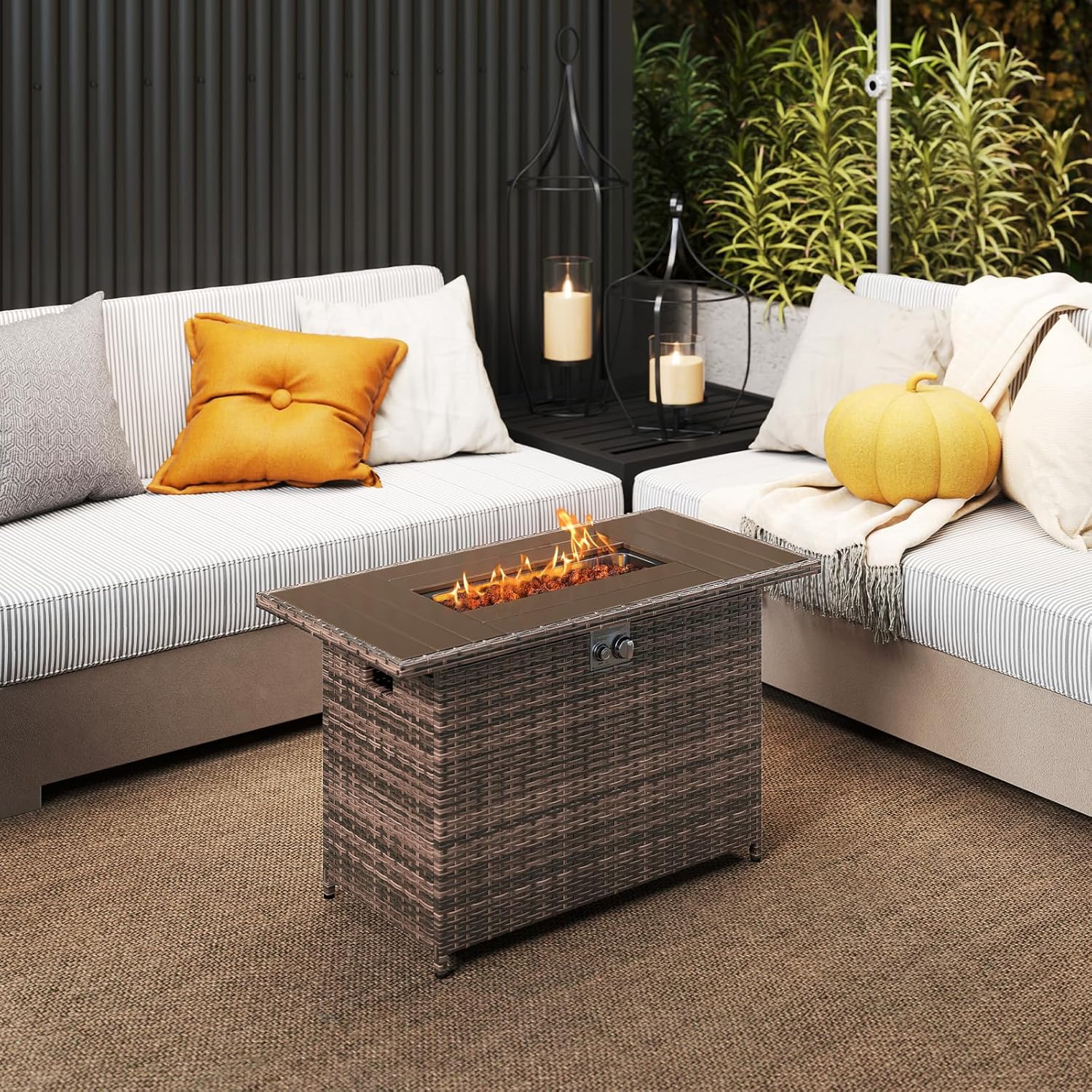 Tangkula 44.5 Inch Propane Fire Pit Table, Outdoor Rattan Gas Firepit with Metal Slatted Tabletop & Stainless Steel Burner, Rectangle Fire Pit with Lava Rocks & Protective Cover for Outside Patio