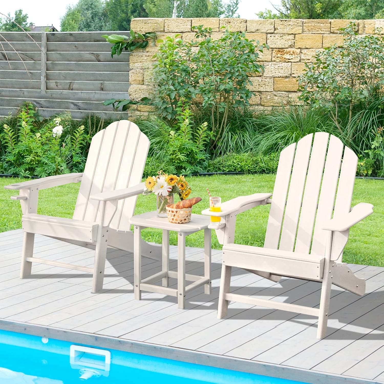 Giantex Folding Adirondack Chair Set, HDPE Weather Resistant Fire Pit Chair Set with 18-Inch Outdoor Side Table, Cup Holder, Lounge Set for Outside, Deck, Backyard, Porch, Poolside, White