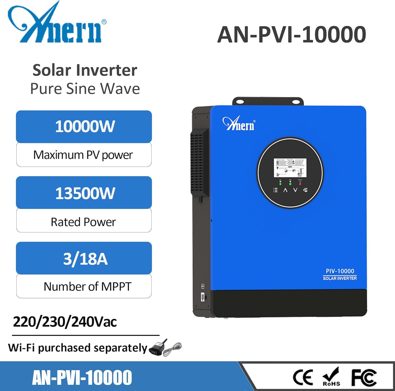 Anern 10KW Solar Inverter 220-230VAC, Pure Sine Wave Inverter with 3 Independent MPPT Solar Charge Controller Max PV 13500W, Battery-Free Design, Support Water Pump & Generator, for Off-Grid System