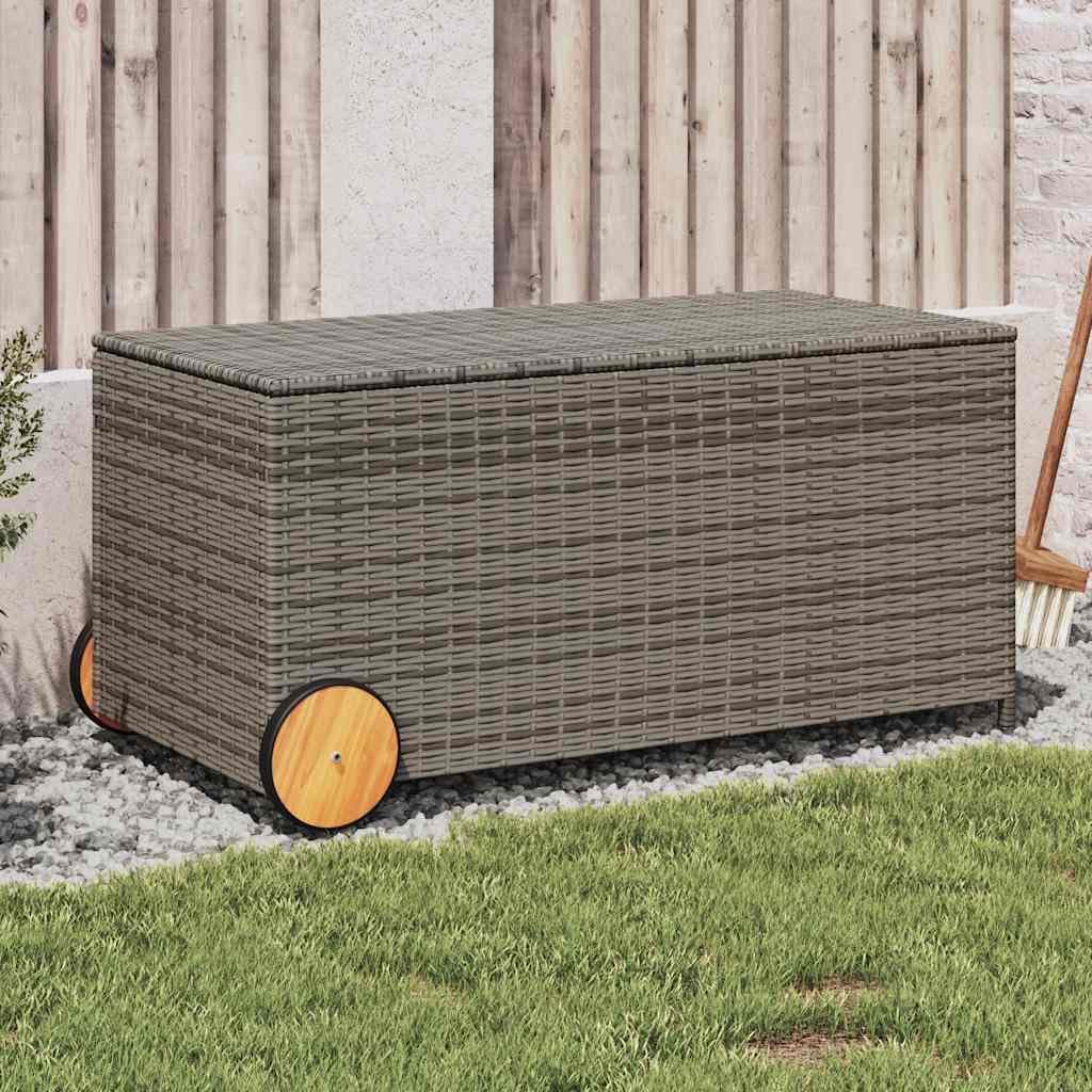 Large Garden Storage Box, Grey PE Rattan Deck Storage for Outdoor Cushions, 50.4 Gallon Waterproof Patio Bin with Wheels, Powder-Coated Steel Frame, 21.7 x 42.1 x 20.9 Inch