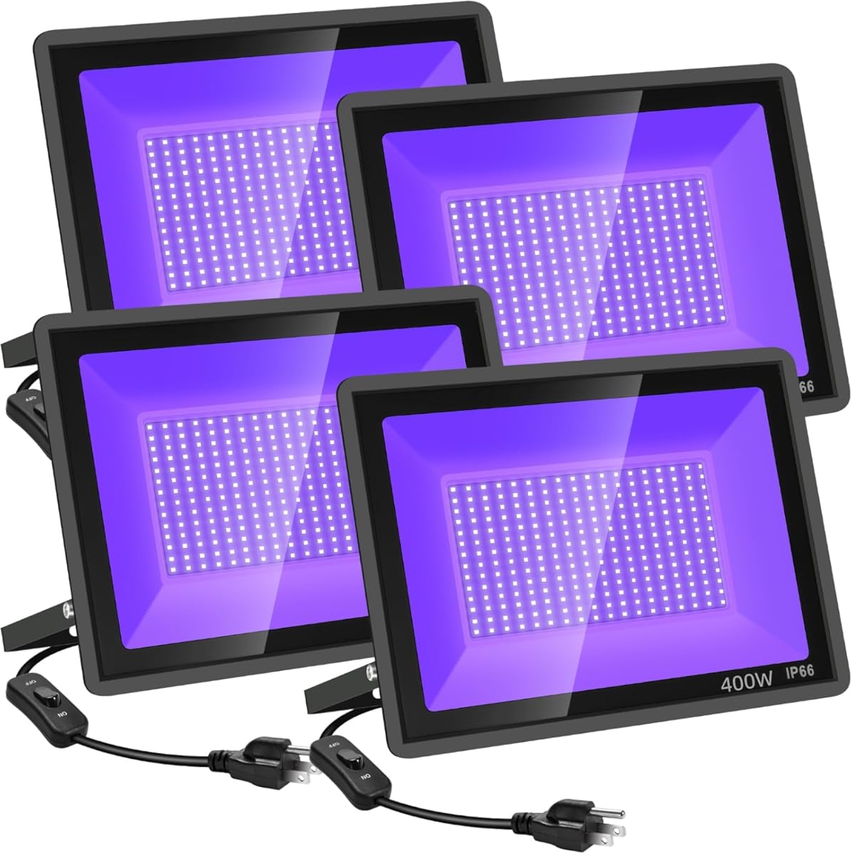 4 Pack 400W LED Black Light,Black Flood Light Outdoor with Plug and Switch, IP66 Waterproof 395nm to 405nm LED UV Blacklight Neon Glow for Glow Party, Halloween, Fluorescent Poster, Body Paint