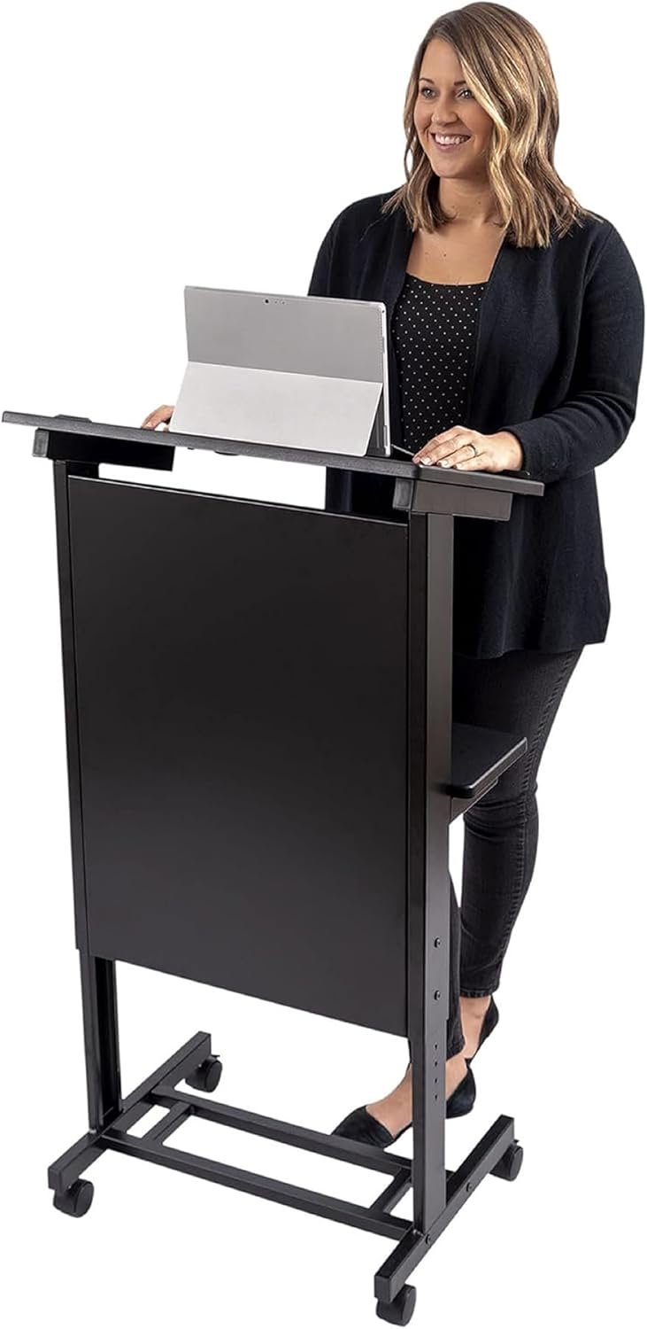 Stand Up Adjustable Height Lectern Podium | Rolling Desk with Storage Shelf | Ergonomic Standing Desk Frame for Office, Classroom, Laptop, Teaching, Presentations & More (Black)