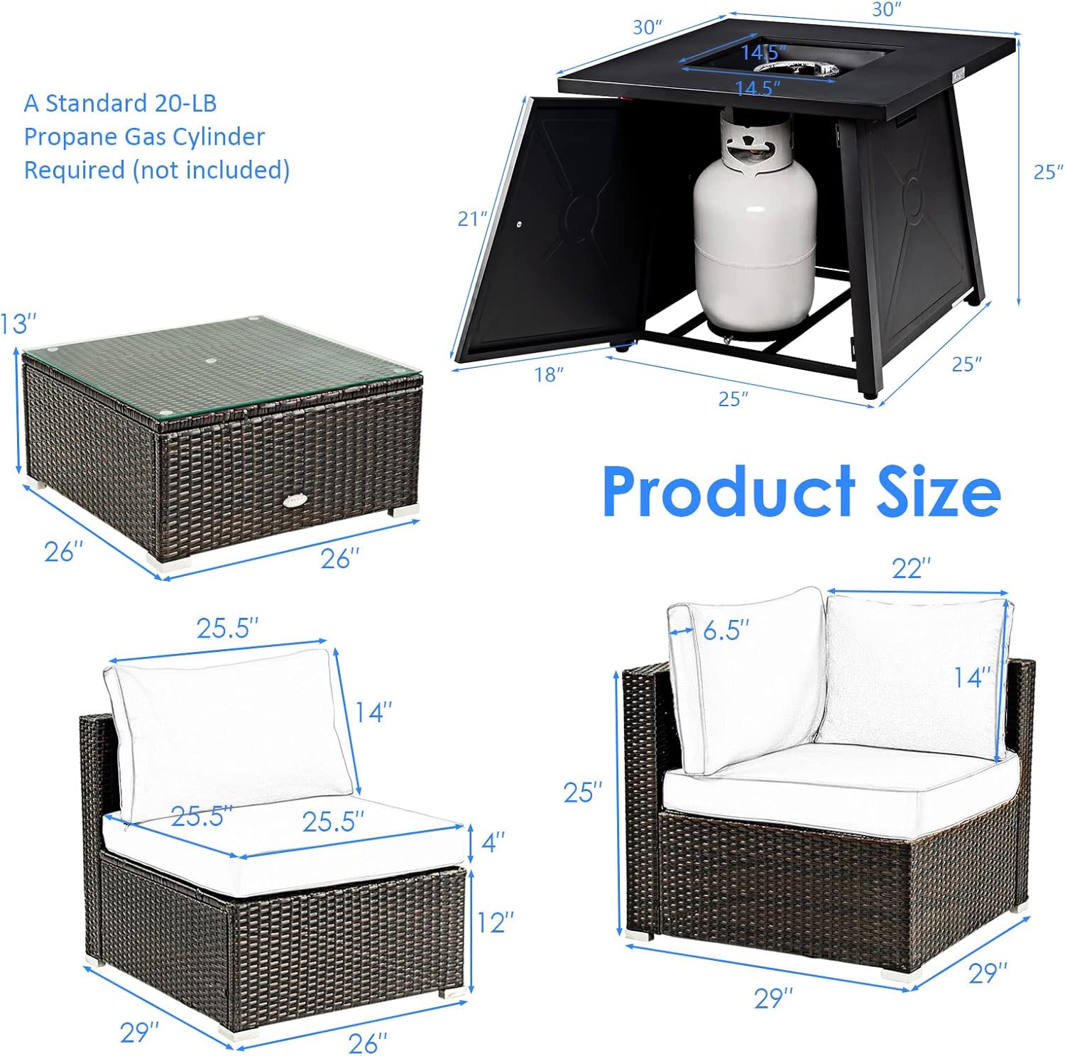 COSTWAY 6 Piece Patio Furniture Set with 30'' Fire Pit Table, Outdoor Wicker Rattan Sectional Conversation Set with 4'' Thickened Cushions, Armless Sofa and Side Coffee Table (Black)