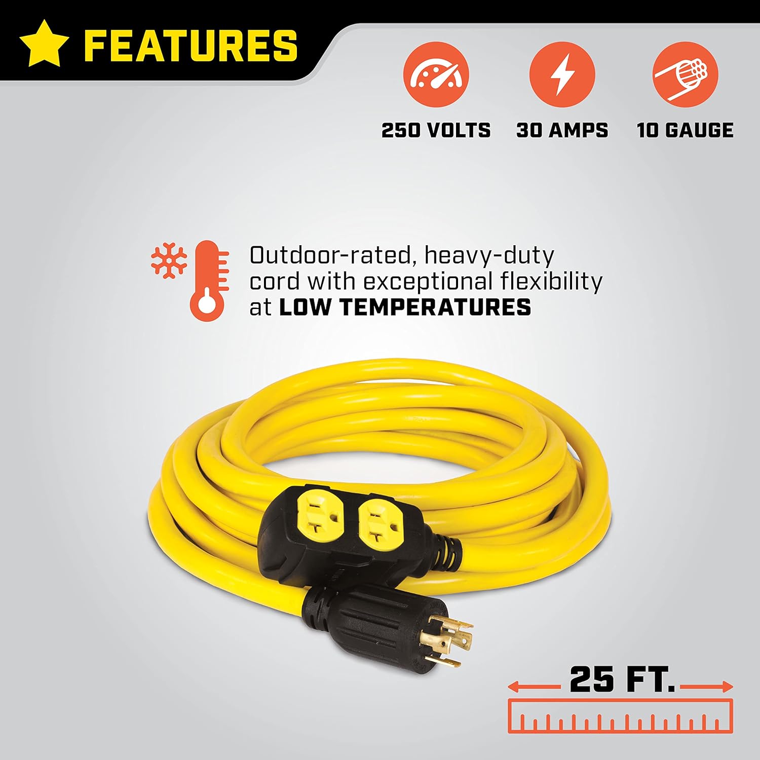 Champion Power Equipment 25-Foot 30-Amp 125/250-Volt Duplex-Style Generator Extension Cord (L14-30P to four 5-20R)
