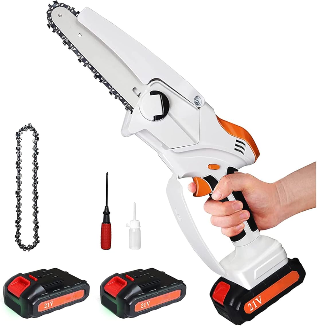 6'' Cordless Chain Saw Electric Mini Chainsaw Adapter Chain and Professional Cutting Machine with 2 Rechargeable Battery 21v/1.5ah Battery Powered Chain Saw