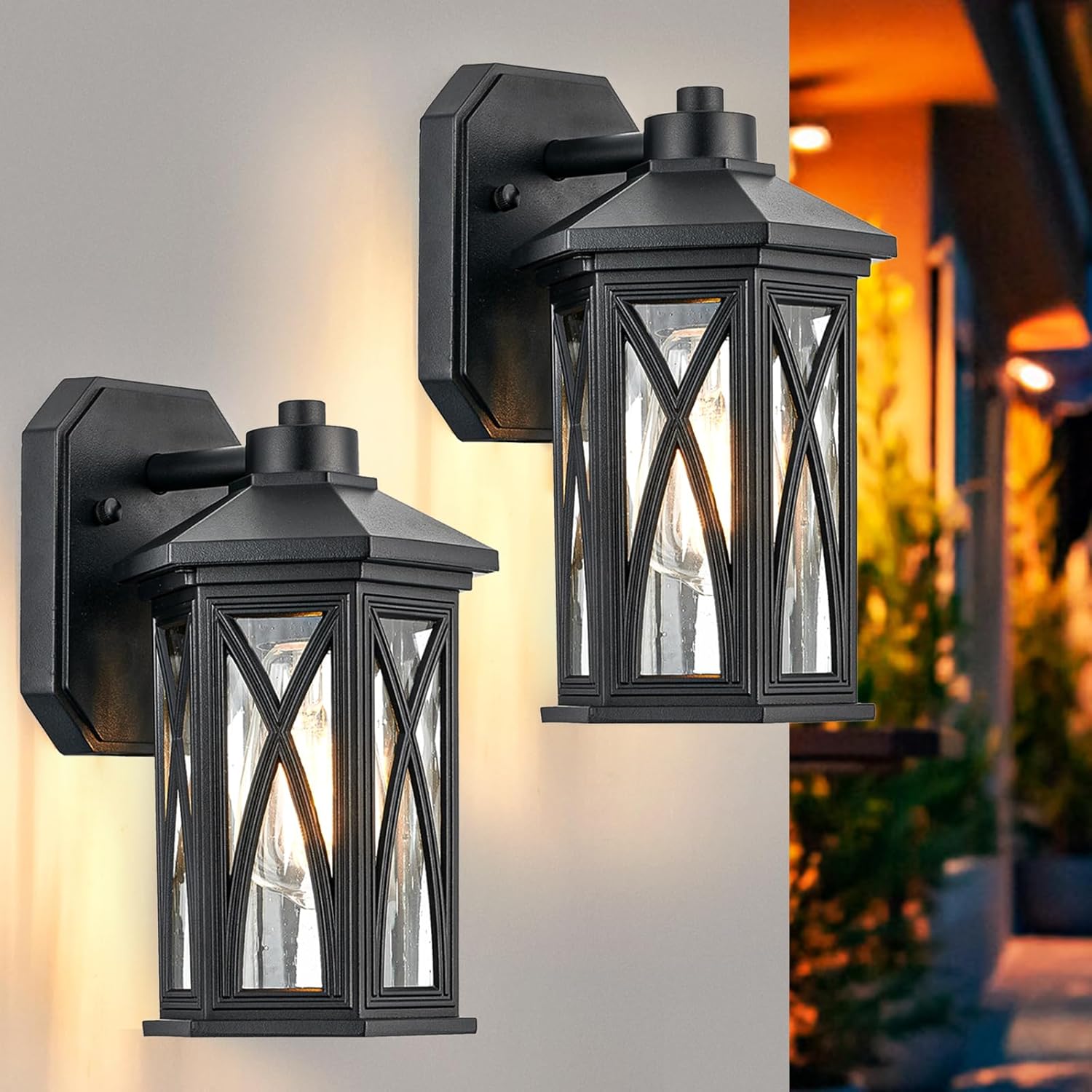 Hopejoy Exterior Light Fixture 2Pack, Anti-Rust Aluminum Outdoor Light Fixtures Wall Mount with Seeded Glass, Black Outdoor Wall Lights Lantern for Porch Garden Patio Doorway, 8605-1W-2PK-SBK