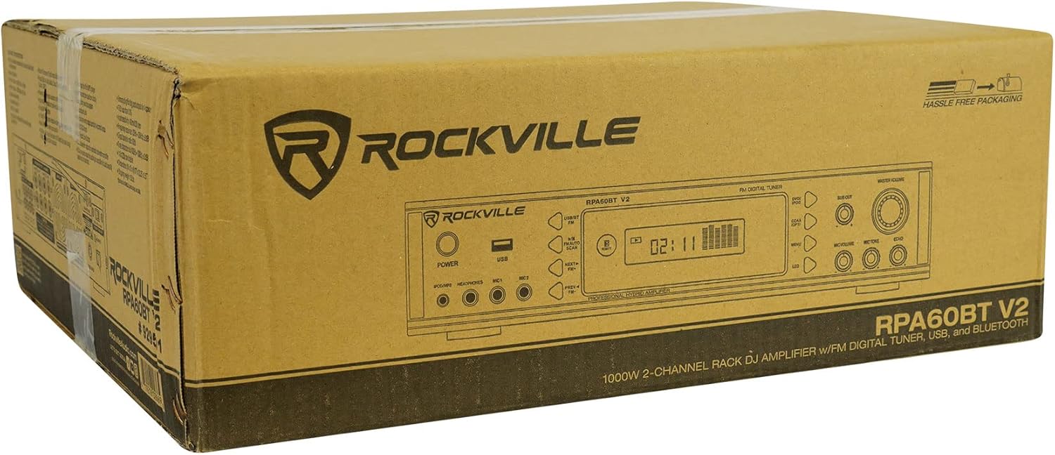 Rockville RPA60BT V2 1000 Watt 2-Channel Amplifier Mixer, Bluetooth, USB, Mic Inputs, EQ Controls, for DJs and Karaoke