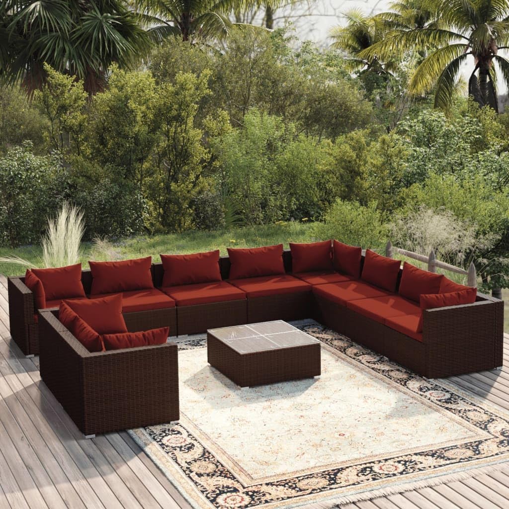 11 Piece Patio Lounge Set with Cushions Brown Poly Rattan,Poly Rattan Patio Lounge Set with Comfortable Cushions for Outdoor Relaxation Patio Furniture, Outdoor Furniture Sets