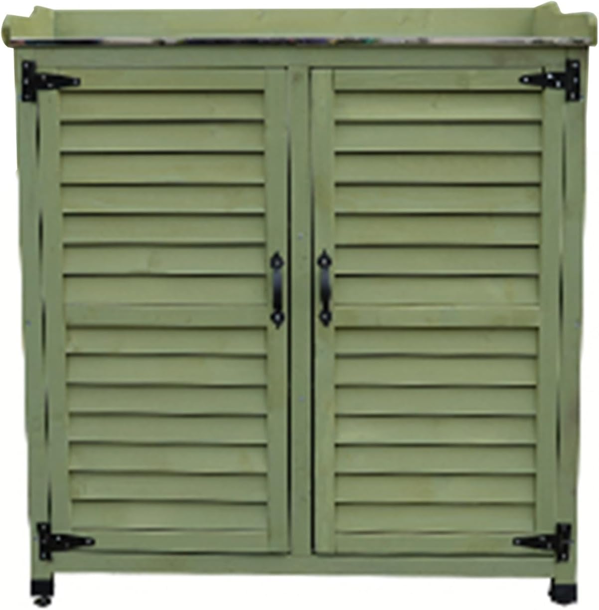 Garden Tool Storage Cabinet, Outdoor Garden Patio Wooden Storage Cabinet with Adjustable Shelf, Outdoor Potting Bench with Storage Cabinet and Metal Top (One Color Green)