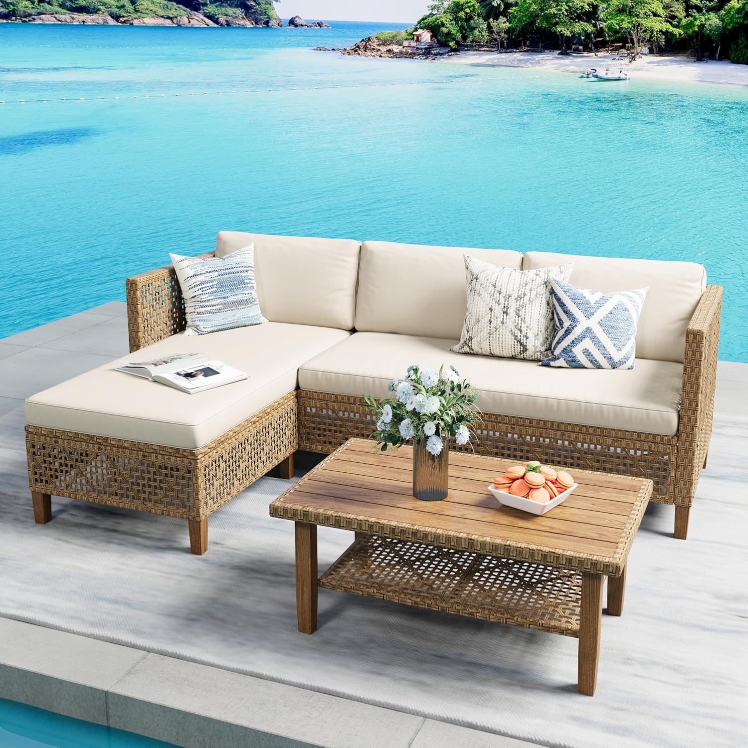 PHI VILLA Wicker Patio Furniture Set, Outdoor L-Shaped Sectional Sofa with Cushions and Acacia Wood Coffee Table, Boho Style for Garden, Deck, or Poolside Lounge，Beige