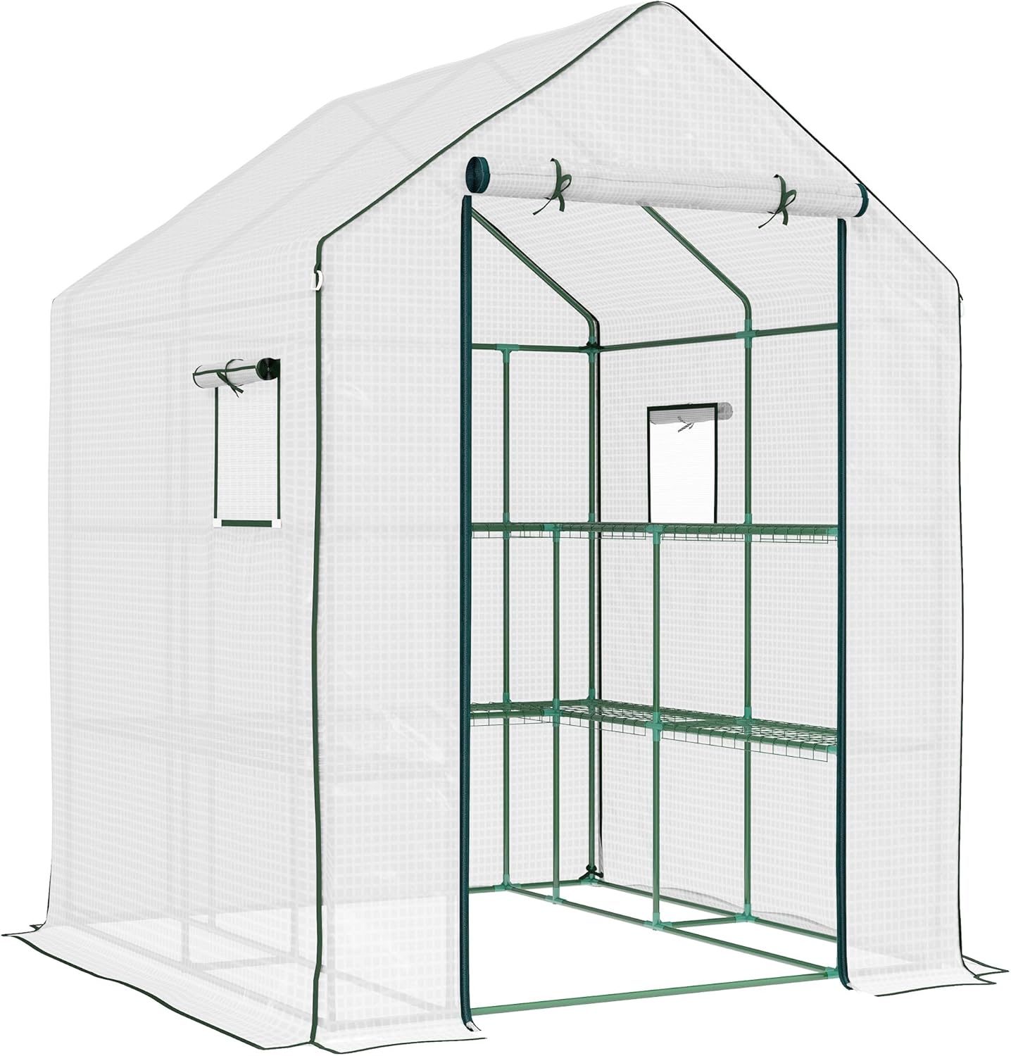 4.6' x 4.7' Walk-in Greenhouse with 2 Tier Shelves | Steel Frame | Water & UV Resistant | Outdoor Garden Greenhouse for Seedlings & Plants - White
