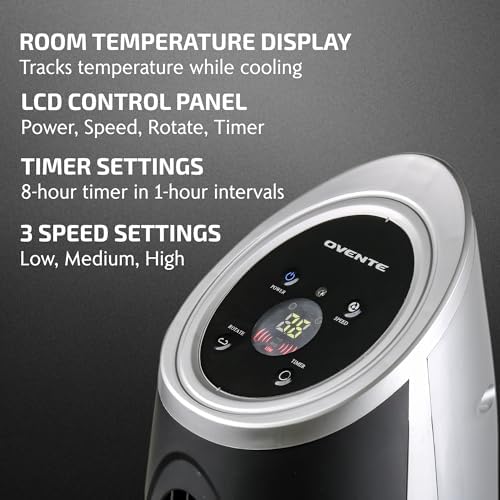 OVENTE Oscillating Tower Fan with Remote Control, 3-Speed LCD Panel & 8H Timer, 30.5