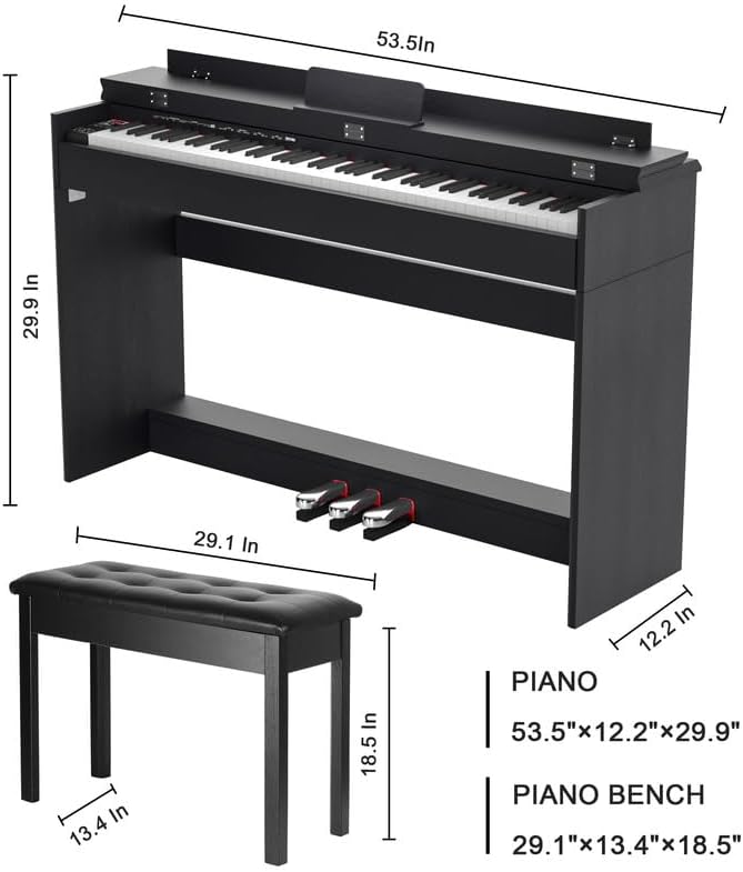 88 Key Full Size Weighted Digital Piano Keyboard, 88keys Semi-Weighted Electric Multi-Functional Keyboard piano with Stand, Pedal, Power Adapter for Beginner/Leanrner (Piano with Bench Set)