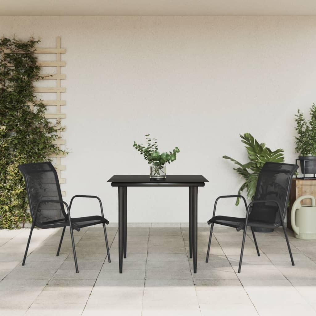 3 Piece Patio Dining Set Black Steel and Textilene,Garden Dining Set with Tempered Glass Table and Ergonomic Outdoor Chairs Furniture Sets for Patio, Lawn & Garden