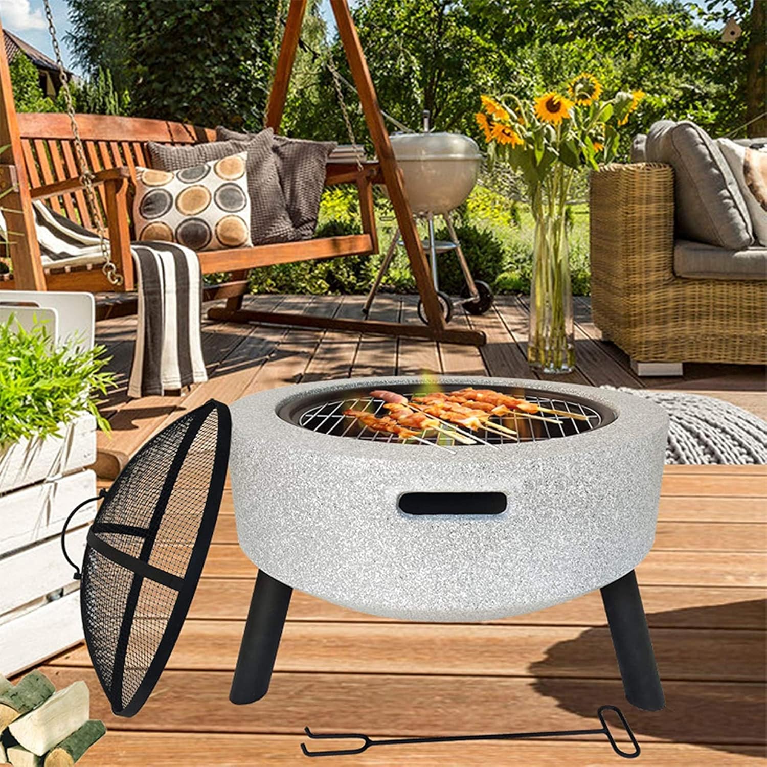 2-in-1 Outdoor Fire Pit w/Cooking Grate,Wood Burning Barbecues Grills,Table BBQ Grill Firepit Bowl