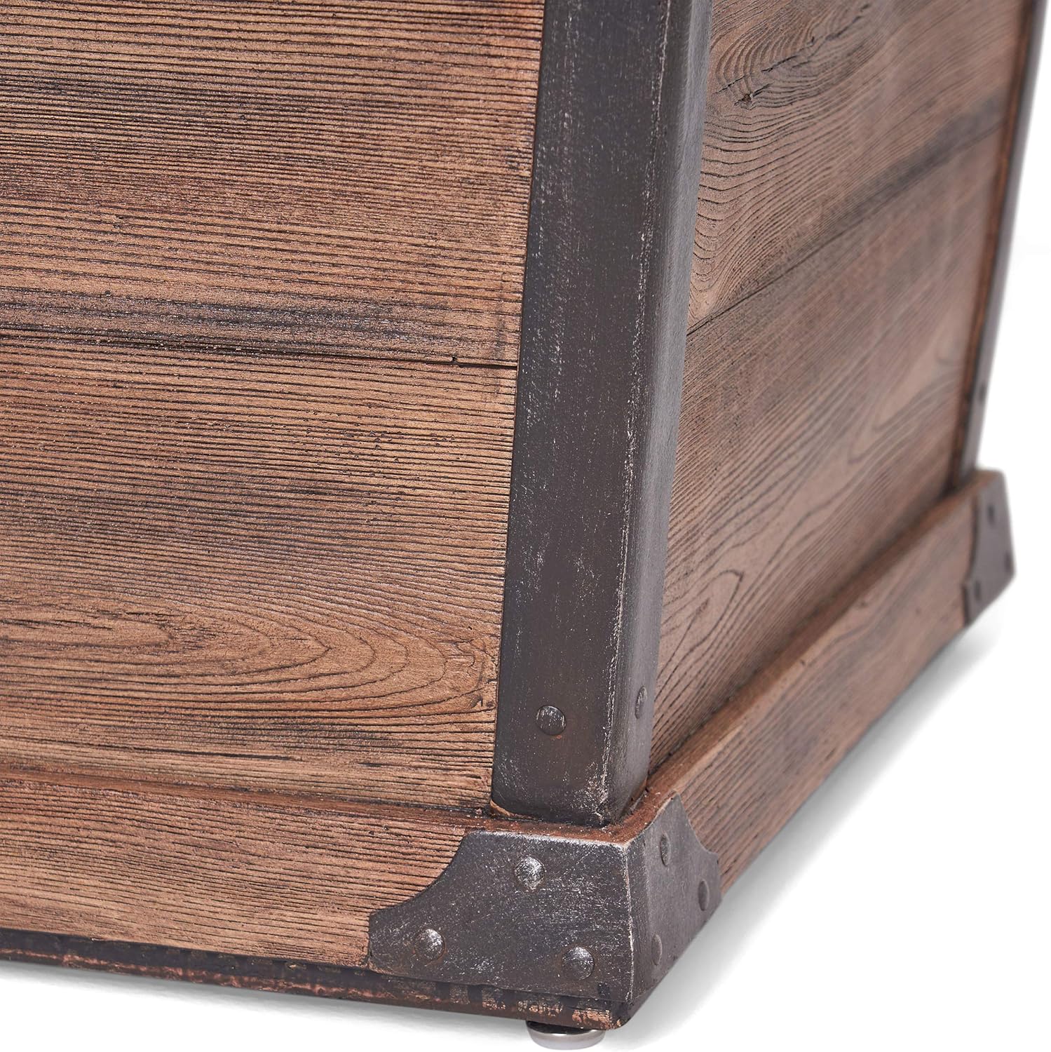 GDFStudio Outdoor 4 Piece Wood and Wicker Chat Set with Fire Pit, Natural with Gray and Brown