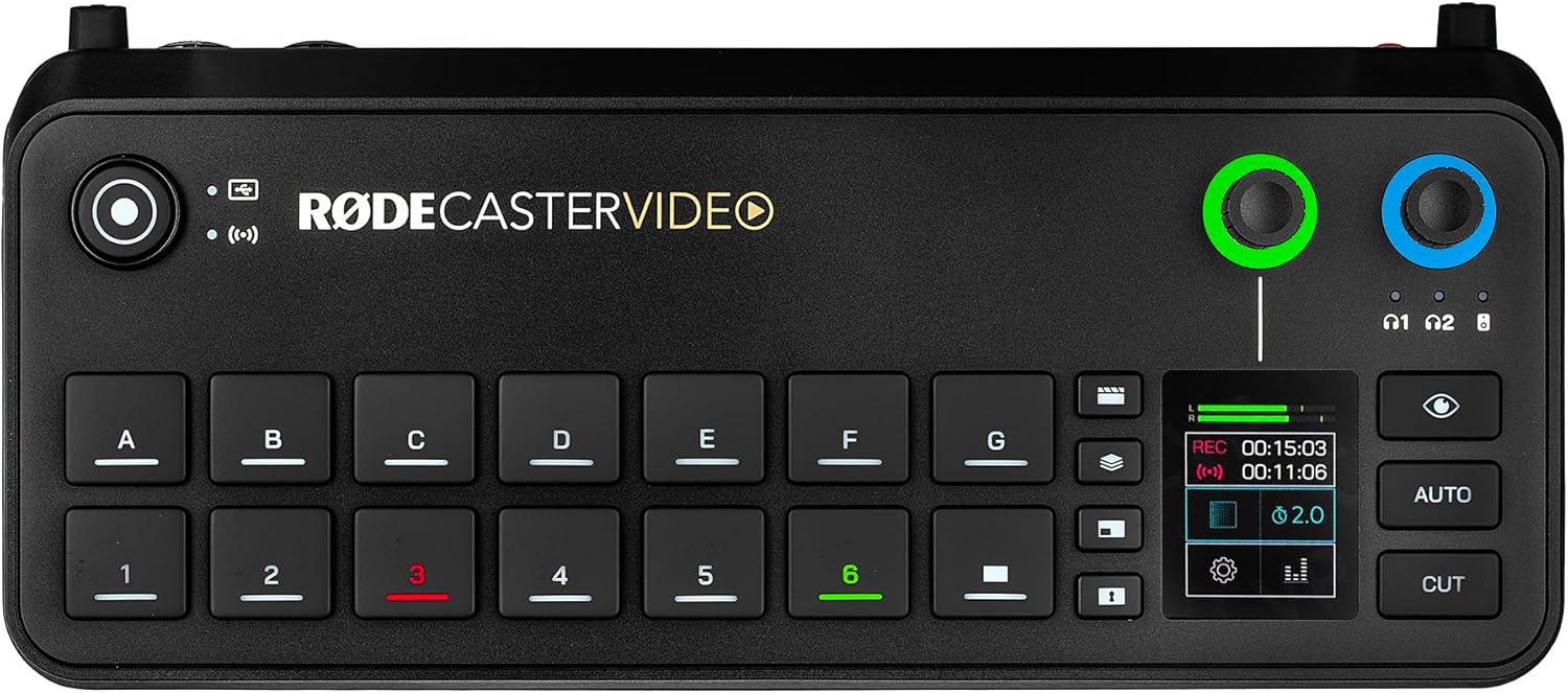 RODECaster Video All-in-One Production Console + 2x Professional Studio Headphones + 2x Podcast Microphone + 64GB Micro SD Memory Card + 4x USB-C + 4x Video Cables + More (Bundle)