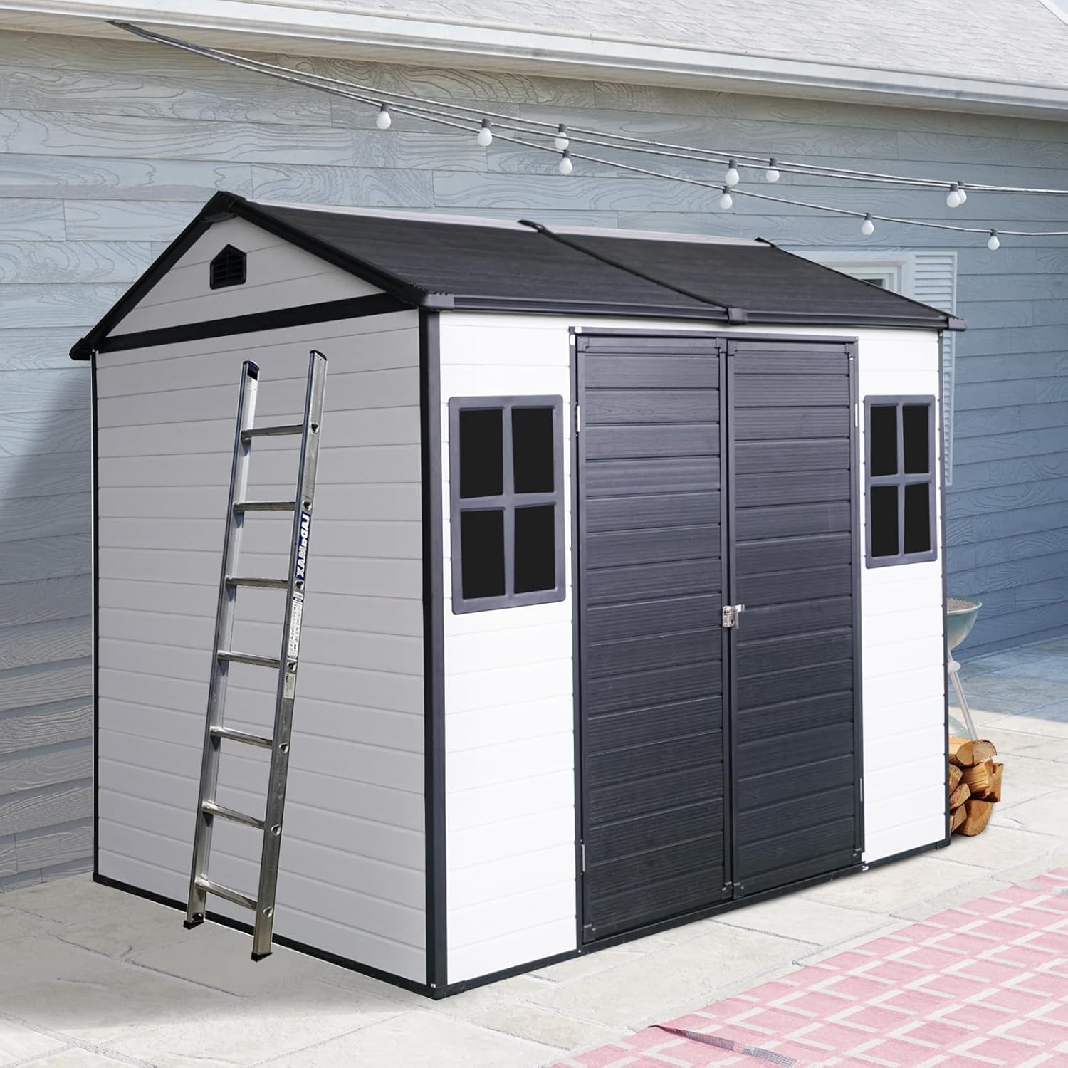 8 x 6 FT Resin Outdoor Storage Shed with Floor, Lockable Double Doors, Two Windows & Air Vents, Waterproof Tool Shed for Backyard, Patio, Garden, Bikes & Equipment (Grey+White)