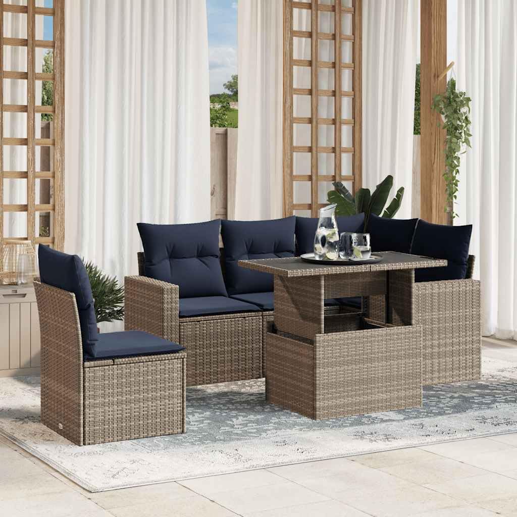 6 Piece Garden Sofa Set, Grey Poly Rattan Outdoor Patio Furniture with Cushions, Adjustable Dining Table, Modular Design for Backyard